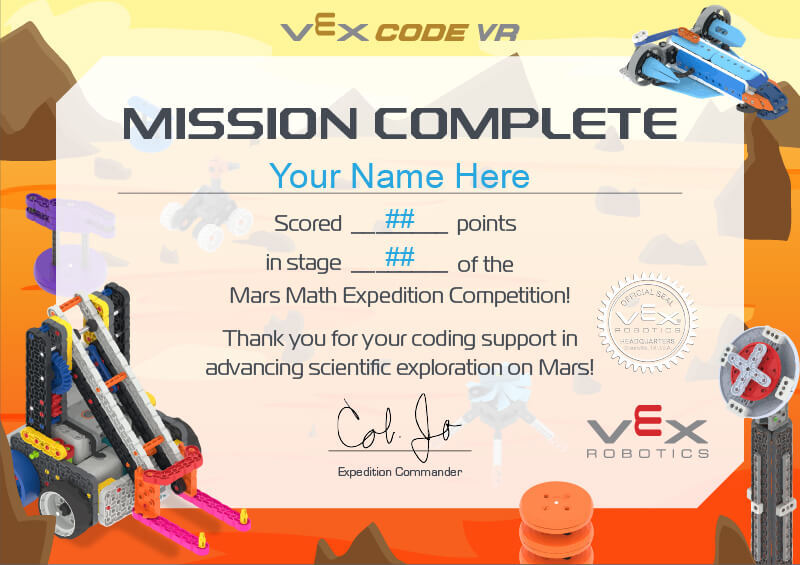 Mars Math Set Certificate - VEXcode VR - Hour of Code - Mars Math Expedition